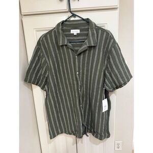 Free Assembly Mens XL Green Striped Button Shirt Camp Collar Casual NWT